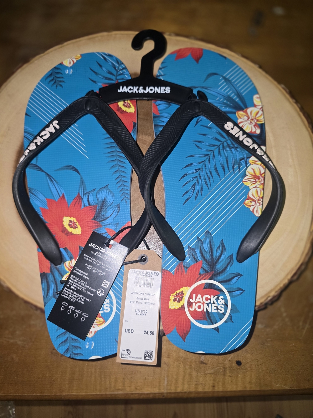 Jack & Jones Black-Strap Blue Floral Flip Flops Mens Size 9/10